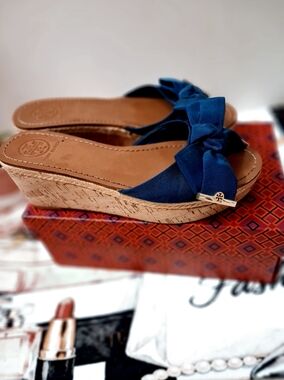 Tory Burch Blue Bowed Cork Wedge Heel Mules Size 8.5